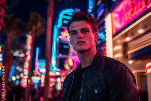 A young adult Caucasian man strikes a confident pose against the backdrop of a luxurious Las Vegas casino, surrounded by colorful neon lights. The atmosphere is alive with nightlife, palm trees, and