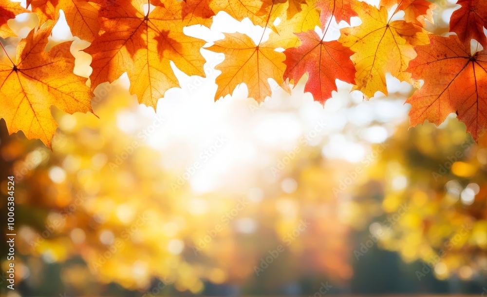An autumn landscape of maple leaves falling to the ground against a colorful backdrop An autumn landscape of maple leaves falling to the ground against a colorful backdrop