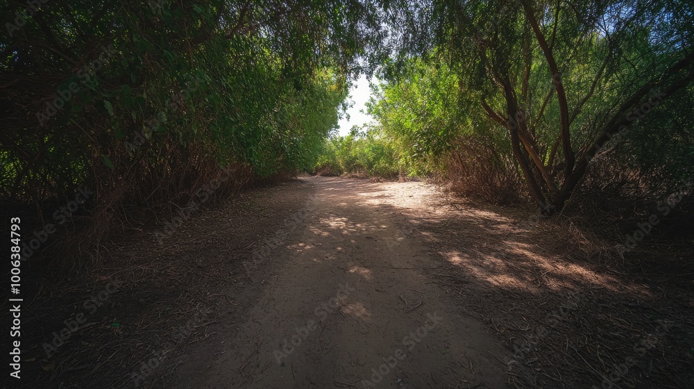 Obraz premium The rugged track meanders through lush tropical rainforest, with overhanging branches casting shadows across the sandy trail, creating an inviting exploration route
