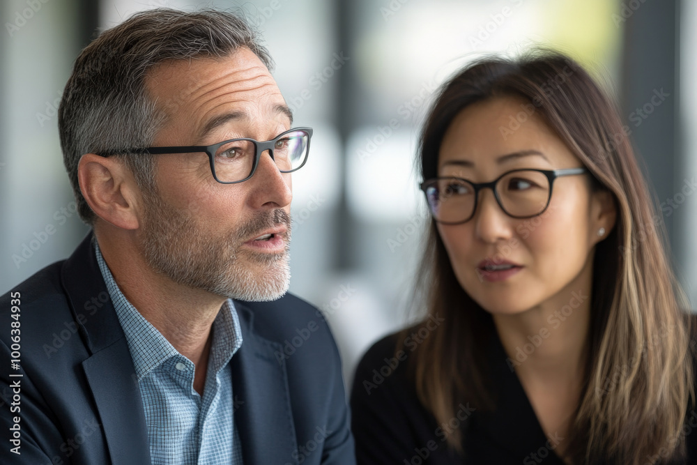 Two middle-aged professionals, a Caucasian man and an Asian woman, are captured in a close-up interview. Their facial expressions convey a serious conversation, with a modern office background subtly Two middle-aged professionals, a Caucasian man and an Asian woman, are captured in a close-up interview. Their facial expressions convey a serious conversation, with a modern office background subtly