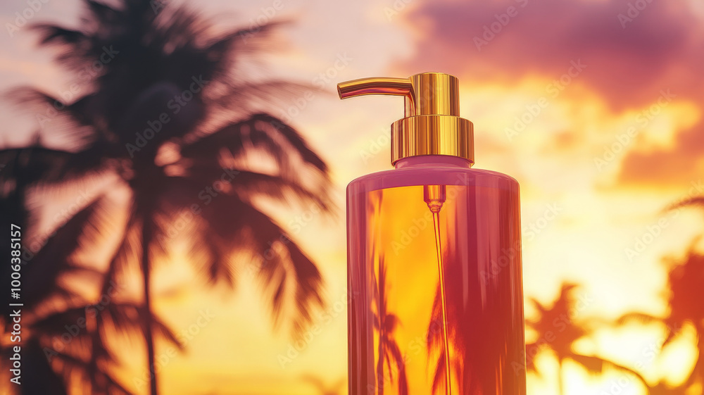 A modern body soap bottle mockup with a gleaming gold cap, displayed against a bright tropical sunset background, featuring silhouettes of palm trees and warm hues of orange and pink. A modern body soap bottle mockup with a gleaming gold cap, displayed against a bright tropical sunset background, featuring silhouettes of palm trees and warm hues of orange and pink.