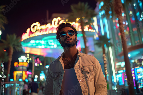 A stylish young adult Arabian man stands confidently at the entrance of a glamorous casino, illuminated by the bright neon lights of Las Vegas. The vibrant nightlife and palm trees create a lively