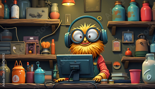 Funny Furry Character Working on Computer in Retro Shop