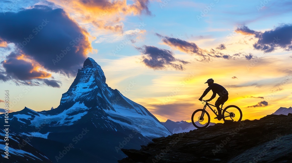 Fototapeta premium A mountain biker silhouetted against a dramatic sky, with the iconic matterhorn summit in the background, symbolizing adventure and exploration during summer biking season.