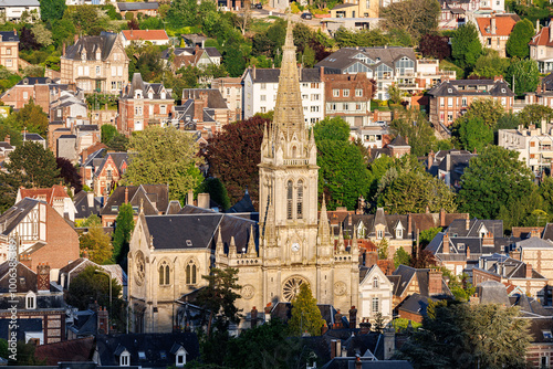 Aerial view of Saint Andre church, in Mont-Saint-Aignan, next to Rouen, Normandy, France