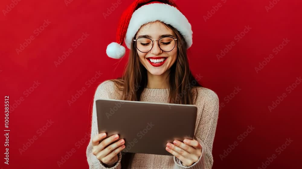 A woman wearing a red hat and glasses is smiling while holding a tablet. Concept of joy and happiness, as the woman is enjoying her time using the tablet
