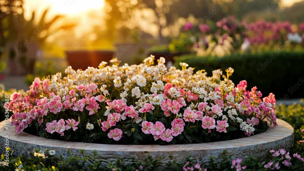 A vibrant flower bed with pink and white flowers in a garden setting, illuminated by the warm glow of the setting sun A vibrant flower bed with pink and white flowers in a garden setting, illuminated by the warm glow of the setting sun