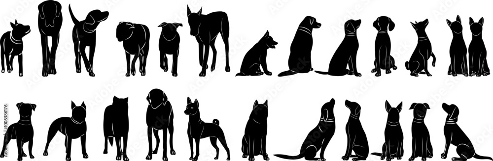 set of dogs of different breeds silhouette on white background, vector set of dogs of different breeds silhouette on white background, vector