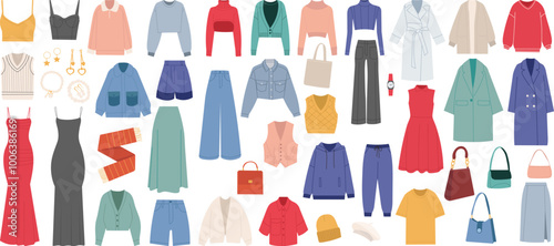 collection of women fashion clothes in flat style, vector