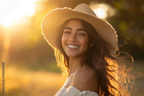 A laughing Hispanic woman in a wide brimmed hat, twirling in a sunlit field, surrounded by golden sunlight, and captured with a wide angle lens. photo