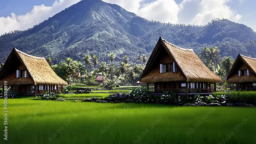 Traditional Wooden Houses Surrounded by Rice Fields and Scenic Mountains Traditional Wooden Houses Surrounded by Rice Fields and Scenic Mountains