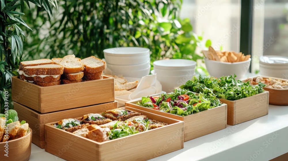 Fototapeta premium Corporate morning tea setup with sandwiches, salad, and bread on wooden boxes and white plates, ready for guests to enjoy.
