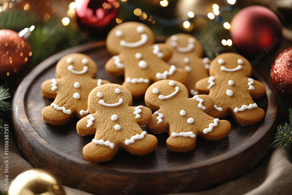An elegant top view of perfectly iced gingerbread men cookies on a dark wooden platter, surrounded by bright and shiny Christmas ornaments, creating a cheerful holiday scene full of warmth. An elegant top view of perfectly iced gingerbread men cookies on a dark wooden platter, surrounded by bright and shiny Christmas ornaments, creating a cheerful holiday scene full of warmth.