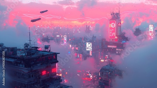 Neon City Dreamscape, a vibrant urban landscape illuminated by glowing neon lights under a surreal pink sky, blending technology and imagination in a captivating vision.