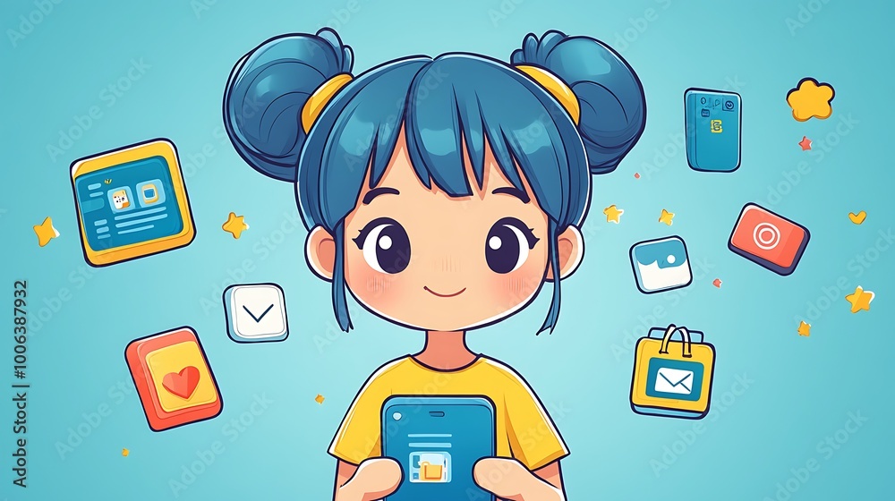 Cheerful Chibi Developer Showcasing App Features