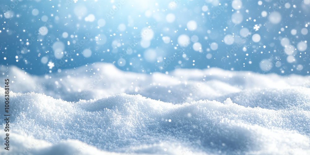 Winter snow background with snowdrifts, with beautiful light and snow flakes on the blue sky in the evening, banner format, copy space