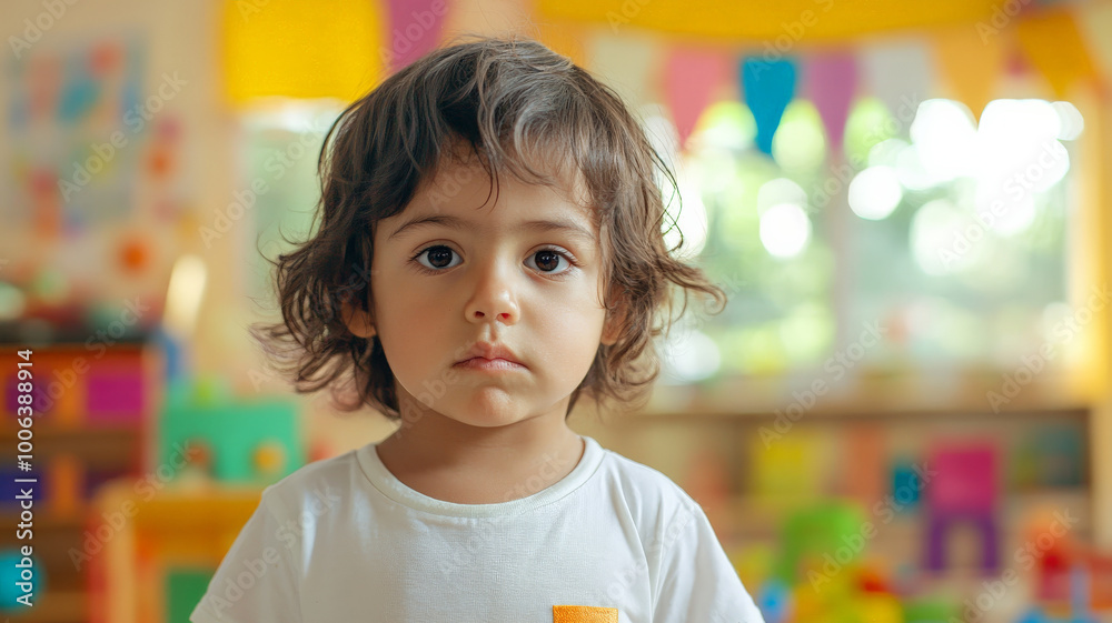 A 3 year old Hispanic child standing apart in a bright kindergarten, looking confused and unsure, surrounded by colorful decorations and toys.