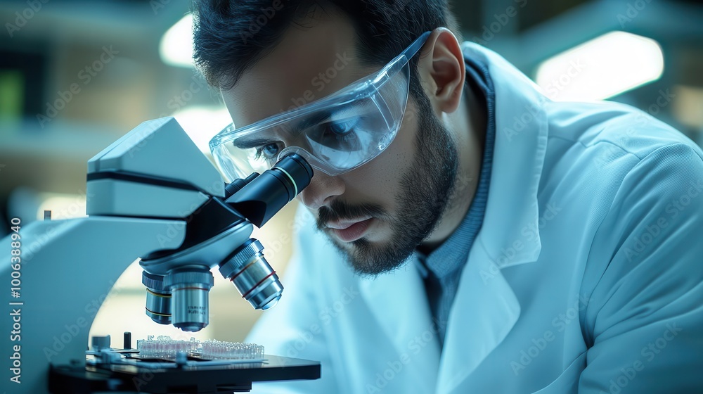 A scientist examining a sample under a microscope in a bright laboratory, showcasing modern research techniques. A scientist examining a sample under a microscope in a bright laboratory, showcasing modern research techniques.