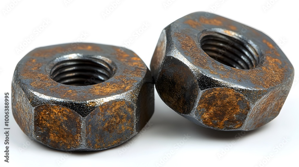 Close-up view of two old,rusty metal nuts against a plain white backdrop. The nuts have a rough,textured surface and appear worn and weathered,showcasing their industrial,functional nature. Close-up view of two old,rusty metal nuts against a plain white backdrop. The nuts have a rough,textured surface and appear worn and weathered,showcasing their industrial,functional nature.