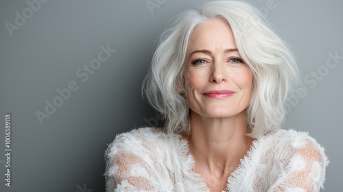 A radiant portrait of a woman with white hair, exuding confidence and elegance, dressed in soft textures, capturing the beauty of aging gracefully in natural lighting.