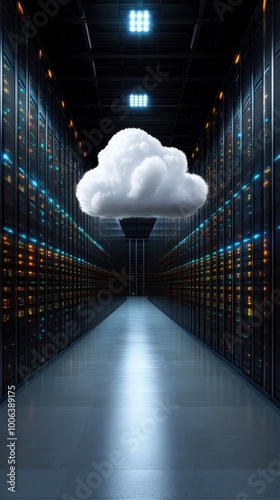 Data center with server racks and cloud icon