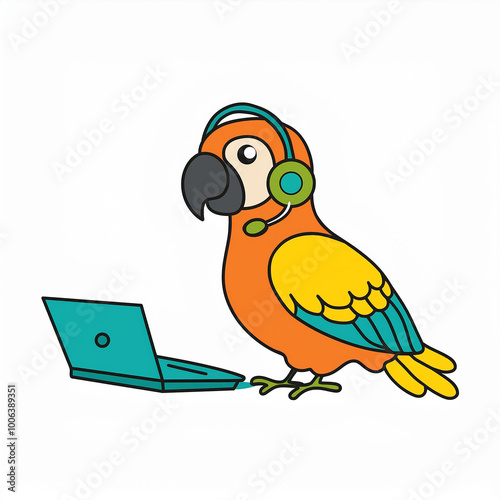 Parrot with Headphones and Laptop photo