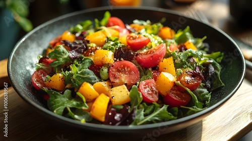 Colorful and nutritious vegetable salad served in a rustic wooden bowl,featuring a mix of fresh greens,tomatoes,peppers,onions,and other seasonal produce.