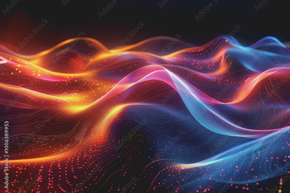 Abstract background with multicolored glowing waves on a black background. curve display. Abstract background with multicolored glowing waves on a black background. curve display.