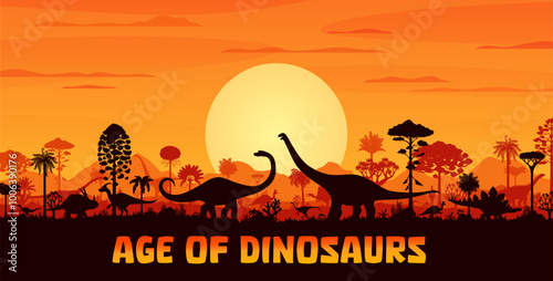 Giant dinosaurs silhouettes on sunset landscape. Vector Prehistoric background with terrain dino species shadows roaming in front of large orange sun in dusk sky trees, rocks and ancient time plants