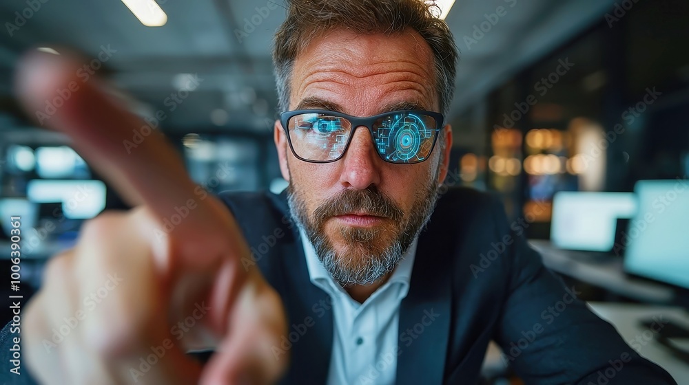 Obraz premium Futuristic Office Innovation, an entrepreneur engages with a sleek touch interface, showcasing advanced technology and modern design in a dynamic workspace environment