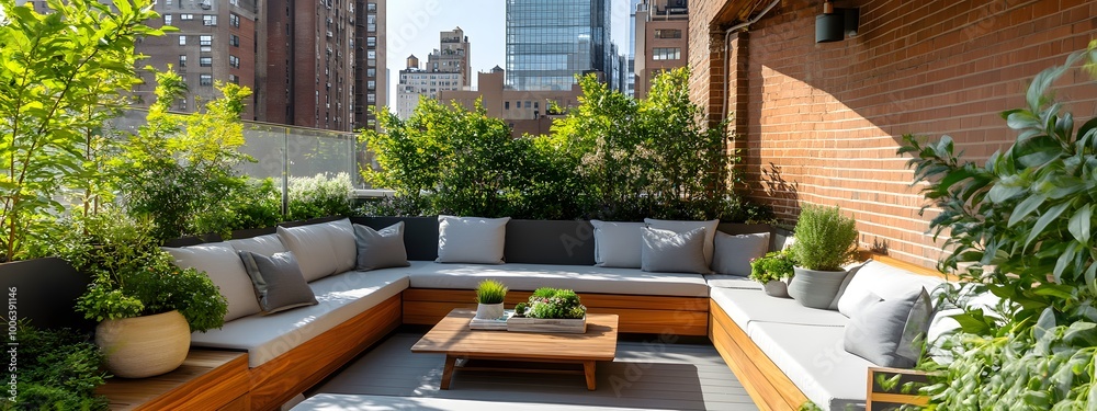 Rooftop terrace with wooden seating and a coffee table, surrounded by plants and greenery, creating an outdoor living space for relaxation and socializing. Rooftop terrace with wooden seating and a coffee table, surrounded by plants and greenery, creating an outdoor living space for relaxation and socializing.