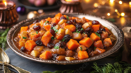 Tzimmes: A sweet stew made from carrots, sweet potatoes, and dried fruits, typically flavored with honey and spices,front view hanukkah holiday background photo