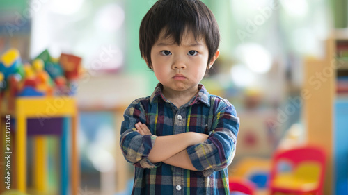 A 3 year old Japanese child standing alone in a colorful kindergarten, looking confused and slightly lost, with toys scattered around them, isolated from the group.