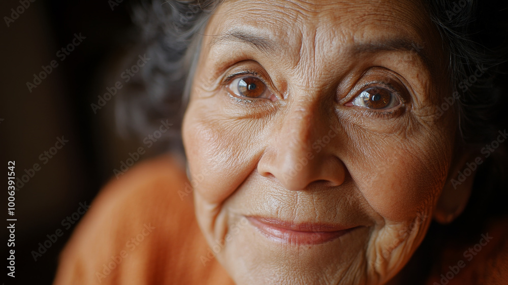 A Hispanic grandmother with wide, beautiful eyes, her face lighting up with joy and surprise, captured in a close up portrait that emphasizes her lively and kind spirit. A Hispanic grandmother with wide, beautiful eyes, her face lighting up with joy and surprise, captured in a close up portrait that emphasizes her lively and kind spirit.