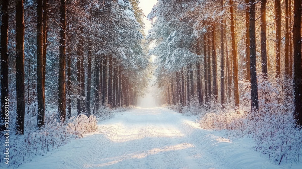 Naklejka premium Snow-covered forest road, heavy snowfall, tranquil winter landscape, tall trees, soft light.