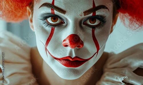 Woman with Clown Makeup Staring Expressionlessly photo