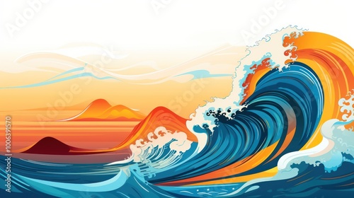 Playful Vibrant Ocean Wave Illustration. Dynamic Aquatic Oceanscape with Vivid Colors and Fluid Motion. Cheerful atmosphere