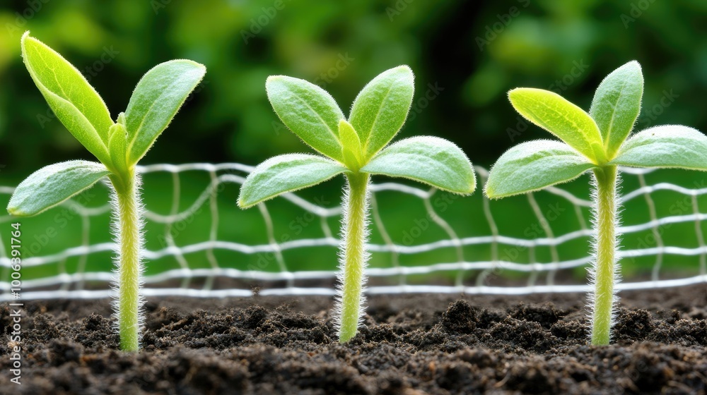 Green tulip seedlings are emerging from dark soil, neatly arranged on a mesh grid, symbolizing growth and new beginnings in the garden Green tulip seedlings are emerging from dark soil, neatly arranged on a mesh grid, symbolizing growth and new beginnings in the garden