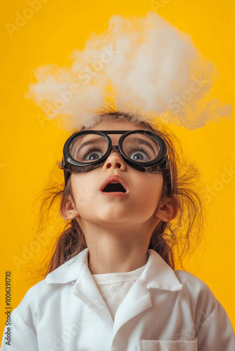 Little Arabian girl scientist with soot on her face, eyes wide in wonder, lab glasses askew, standing against a sunny yellow backdrop.