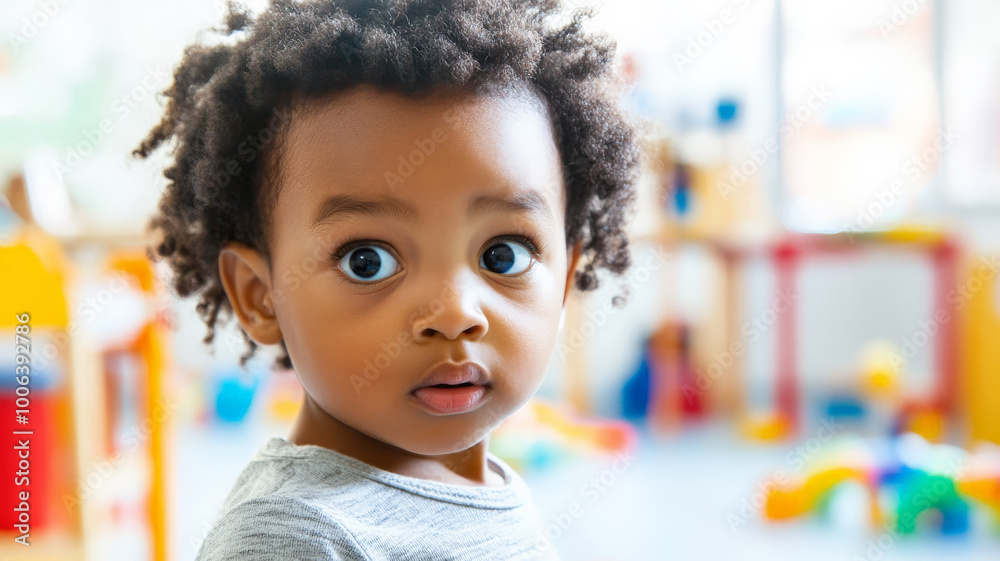A 3 year old Black child standing alone in a bright kindergarten classroom, looking confused, with colorful toys scattered around. The child's wide eyes show uncertainty as they stand apart from the A 3 year old Black child standing alone in a bright kindergarten classroom, looking confused, with colorful toys scattered around. The child's wide eyes show uncertainty as they stand apart from the