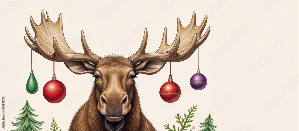 Fototapeta premium A humorous holiday illustration featuring a moose wearing Christmas ornaments on its antlers