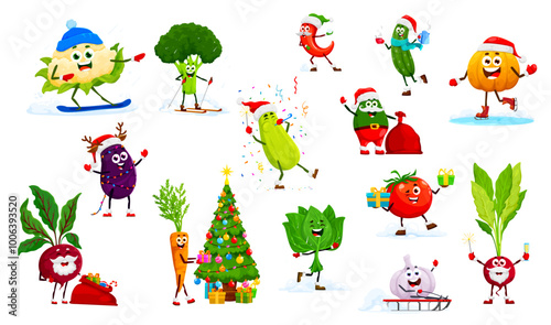 Cartoon Christmas vegetable characters on winter holiday in Santa hat with gifts, vector funny veggie. Happy cauliflower on snowboard, pumpkin on ice skates and carrot decorating Christmas tree