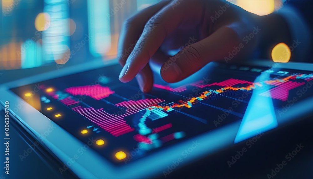 A close-up of a hand using a tablet to analyze financial data with a colorful graph and chart on the screen. A close-up of a hand using a tablet to analyze financial data with a colorful graph and chart on the screen.