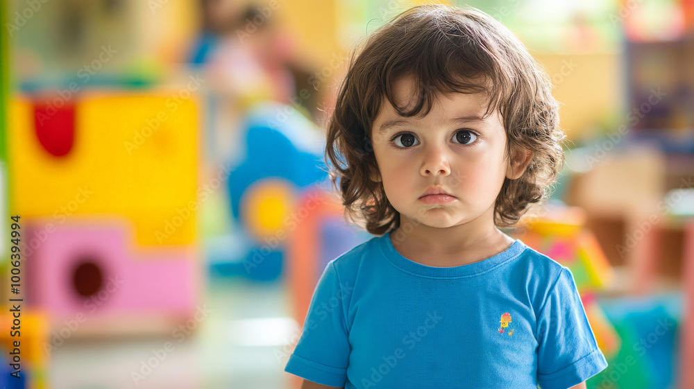A 3 year old Brazilian child standing apart from the group in a bright, playful kindergarten, looking confused, with vibrant toys and decorations all around. A 3 year old Brazilian child standing apart from the group in a bright, playful kindergarten, looking confused, with vibrant toys and decorations all around.