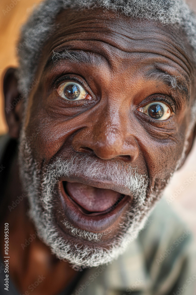 A Black granddad with joyful, wide eyes, his face full of surprise and curiosity, captured in a close up portrait, highlighting his playful and warm expression. A Black granddad with joyful, wide eyes, his face full of surprise and curiosity, captured in a close up portrait, highlighting his playful and warm expression.