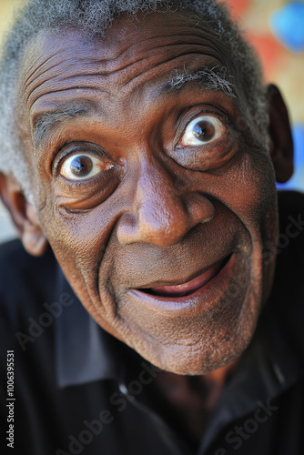 A Brazilian granddad, wide eyed with surprise, his face expressing both joy and curiosity, captured in a close up portrait that highlights his expressive eyes and smile.