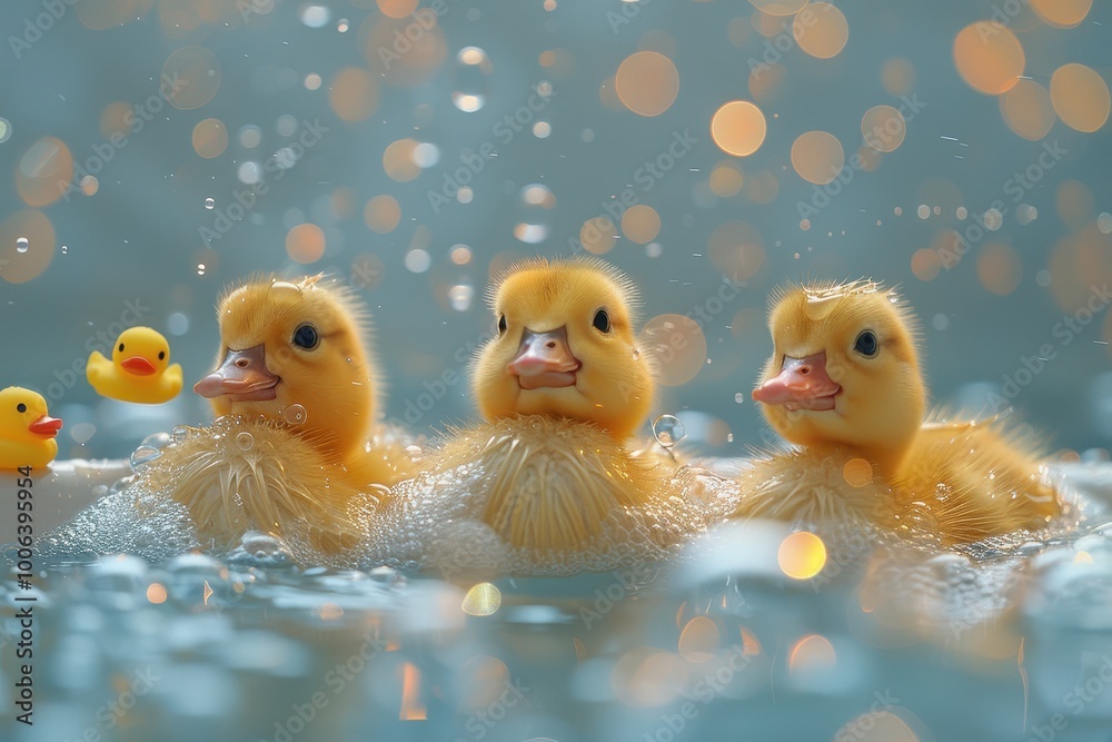 Three yellow ducklings swimming in a small white bathtub, with bubbles and rubber duck toys floating around Three yellow ducklings swimming in a small white bathtub, with bubbles and rubber duck toys floating around