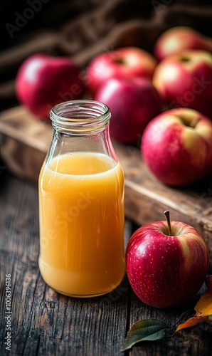 A glass bottle of fresh apple juice with red apples on a wooden table.