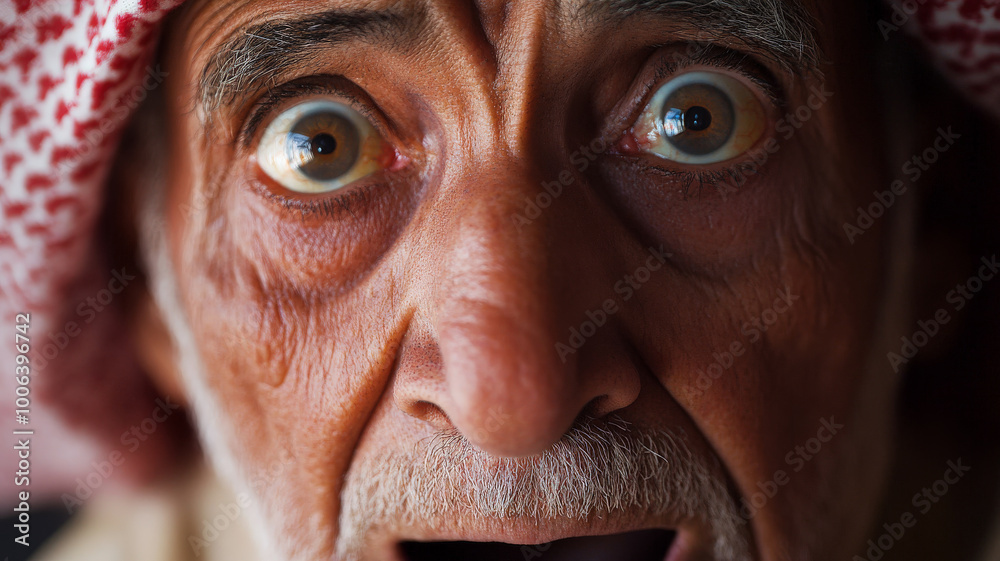 Fototapeta premium An Arabian granddad with wide, surprised eyes, his face lighting up with amazement and joy, captured in a close-up portrait that reflects his warmth and life stories.