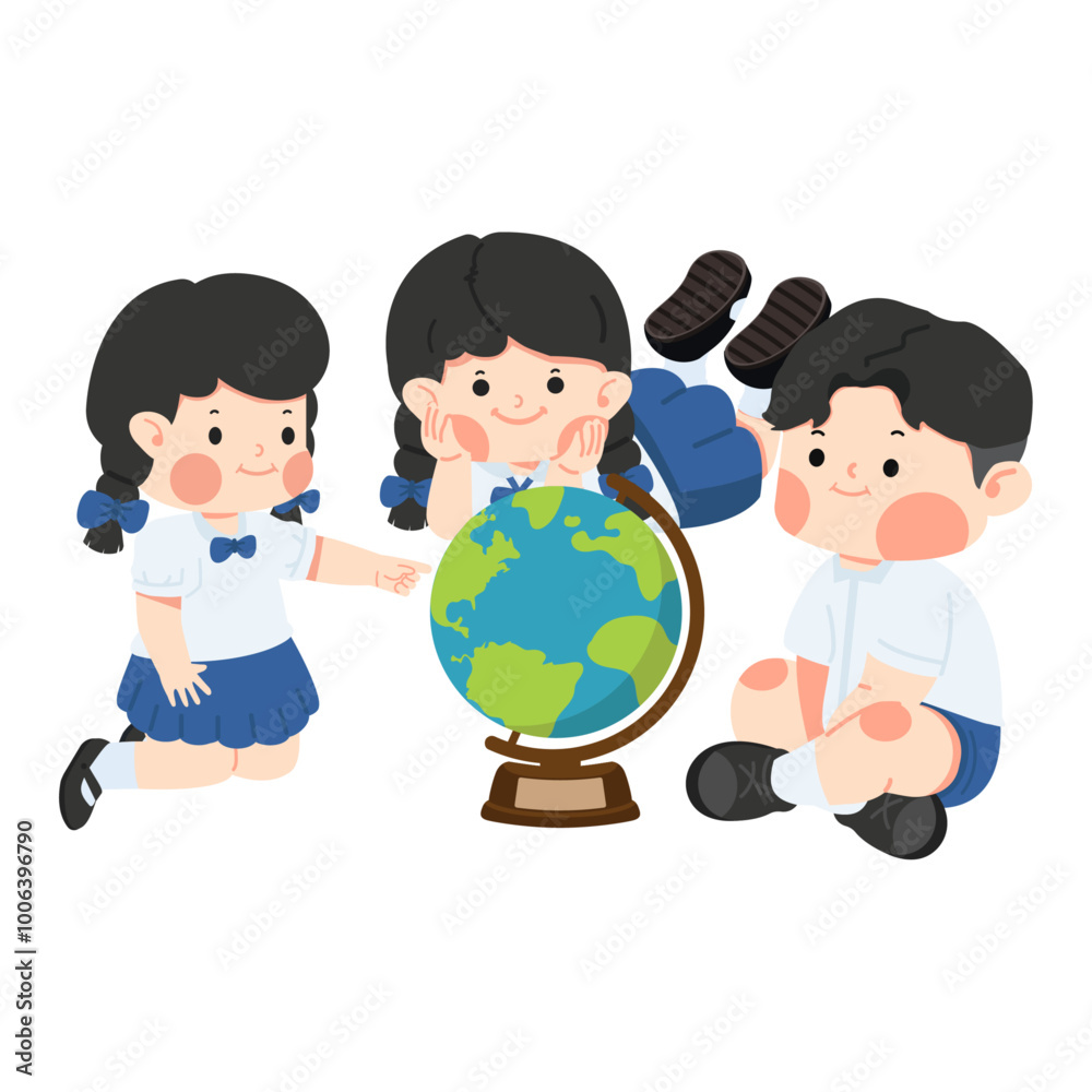 They are gathered around and examining a globe They are gathered around and examining a globe
